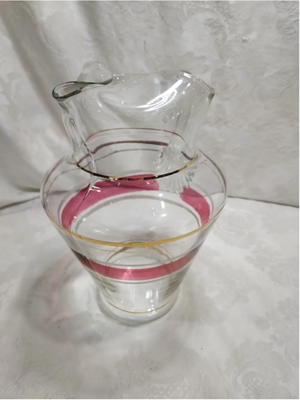 MCM Glass Pitcher Ice Lip Pink White Enamel Stripe Gold Trim Ribbed Handle